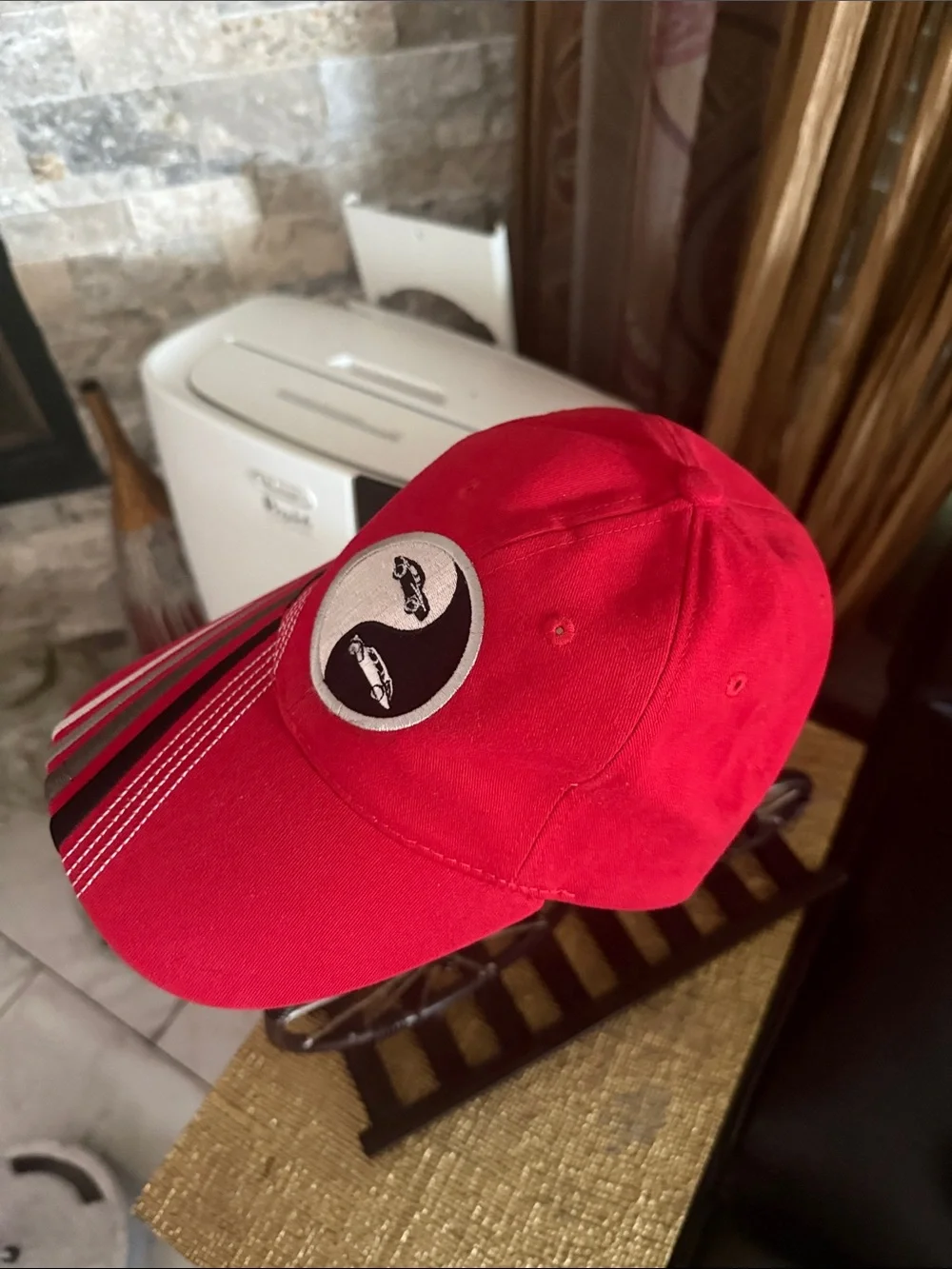 Red Kids Baseball Cap with Yin Yang Car Emblem